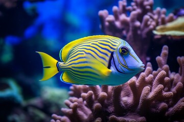 Generative AI : Paracanthurus hepatus, Blue tang in Home Coral reef aquarium.