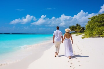 Generative AI : Happy couple in white clothing and with hats walks down a tropical beach