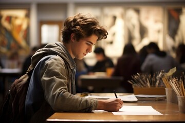 Generative AI : male teenage student attending art class at high school