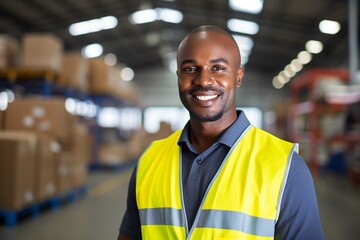 Generative AI : African America engineer wearing safety helmet and vest standing in the automotive warehouse 