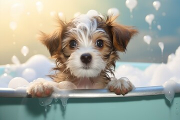 Generative AI : cute little terrier breed dog taking a bubble bath