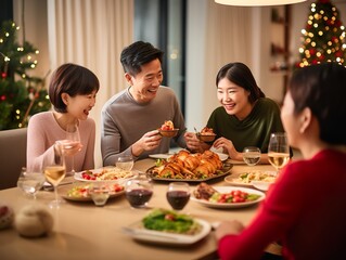 Happy asian family  having easter dinner together to celebrate christmas Thanksgiving lunch. holiday in cozy home
