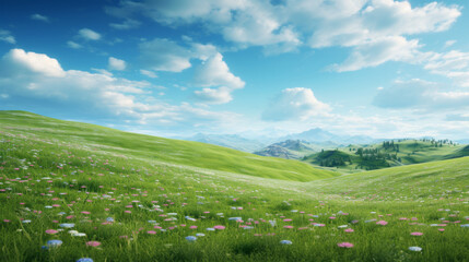 Fototapeta na wymiar A rolling hillside of lush green grass, dotted with wildflowers of various colors, stretches as far as the eye can see The sky above is a brilliant blue, with a few white clouds lazily floating by