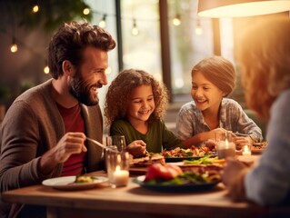 Happy family  having easter dinner together to celebrate christmas Thanksgiving holiday in cozy home