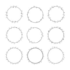 Set Abstract Black Collection Simple Line Round Circle With Leaf Leaves Frame Flowers Doodle Outline Element Vector Design Style Sketch Isolated Illustration For Wedding And Banner