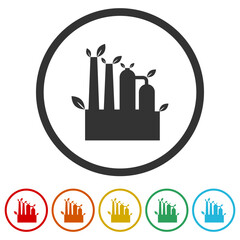 Green factory icon. Set icons in color circle buttons