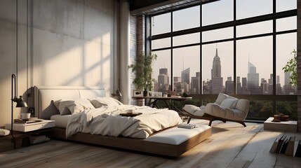 a bedroom with the mountain view, in the style of industrial and product design, uhd image, moody tonalism, secluded settings, concrete, use of earth tones