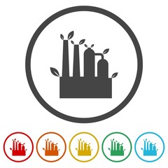 Green factory icon. Set icons in color circle buttons