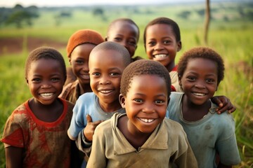Generative AI : Several poor African children smiling to the camera - obrazy, fototapety, plakaty