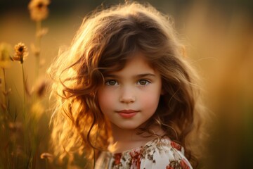 Portrait of beautiful little girl with long curly hair in a field