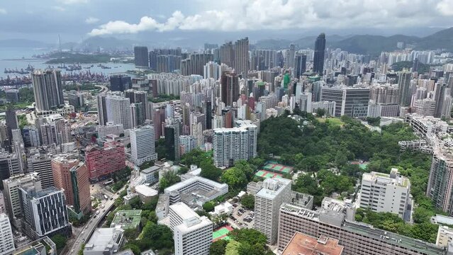 Drone aerial shot city Skyview in Nathan Road Tsim Sha Tsui Mong Kok Jordan Austin Yau Ma Tei Central Hong Kong , a commercial hub with the financial of the Victoria Harbour