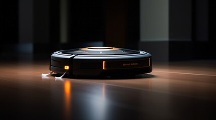 A robotic vacuum cleaner moves across the floor, its sensors detecting and avoiding obstacles - obrazy, fototapety, plakaty