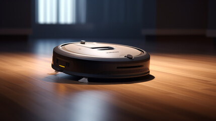 A robotic vacuum cleaner moves across the floor, its sensors detecting and avoiding obstacles