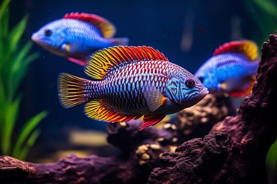 Generative AI : Colorful of ornamental fish, African cichlids (Malawi Peacock) in fish tank.