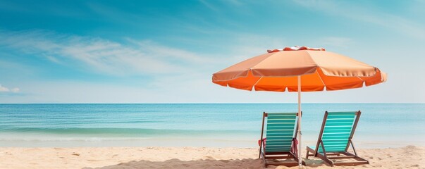 Generative AI : color of umbrella and beach chair at summer tropical beach background - obrazy, fototapety, plakaty