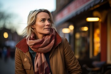 Beautiful young woman with short blond hair in a brown coat and scarf standing on a city street.