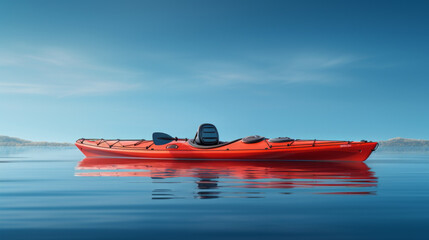 A red kayak bobbing in calm waters, a paddle resting in the seat