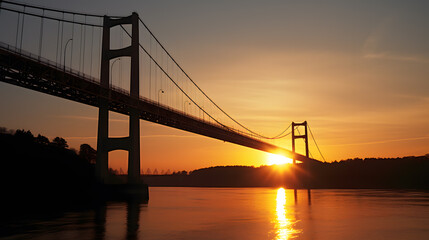 Bridge at Sunrise. Silhouette of a Modern Suspension Bridge in Morning Light
