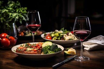 Naklejka premium Generative AI : Served table with italian food - seafood pasta, salad and wine with window light