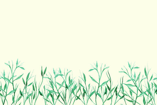 Grass Horizontal seamless pattern with leaves. Watercolor hand drawn isolated illustration border, meadow background for your design. Watercolor Web Banner.