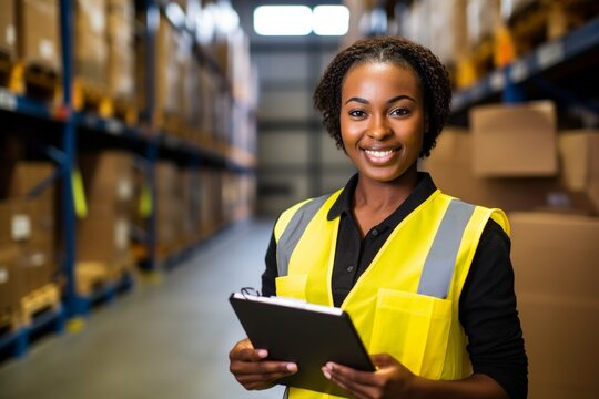 Generative AI : Portrait of an woman working in warehouses. She is wearing safety clothes and holding a clipboard and barcode reader