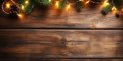Christmas lights on rustic wooden background with copy space, top view