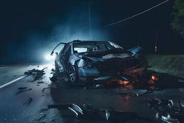 Car crash dangerous accident on the road at night - obrazy, fototapety, plakaty