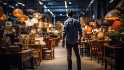 Obraz premium Rear view of a young man standing in a furniture store.