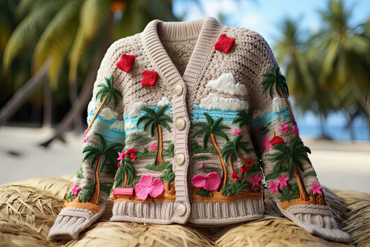 a knitted sweater with flowers on it and palm trees in the photo is blured by the blue sky
