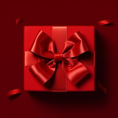 top view of red present box with red ribbon bow isolated on dark red background. AI generated