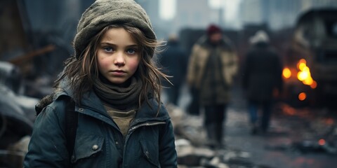 Preteen girl in a war-torn city