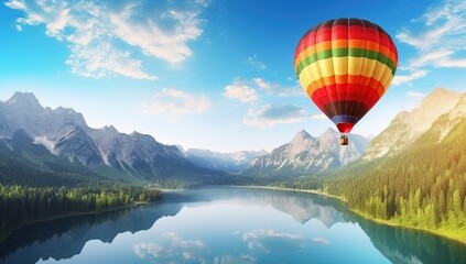 Hot air balloon over mountain lake