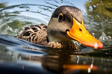 Generative AI : mallard duck swims through the water - obrazy, fototapety, plakaty