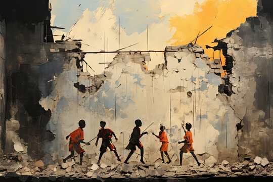 children playing in an old building that has been torn down to make way for the sky and sun behind them
