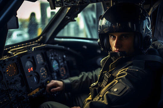 Cockpit View. Close-Up of a Pilot at the Controls of an Attack Helicopter