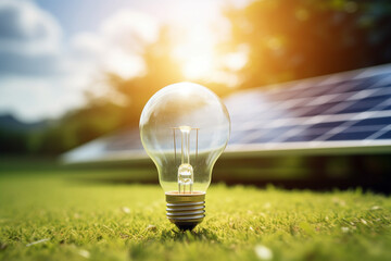 Electric light bulb with solar photovoltaic panel on grass. Renewable energy concept.