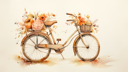 A bicycle with flowers in the basket, watercolor, ink outlines, vintage feel. AI Generative