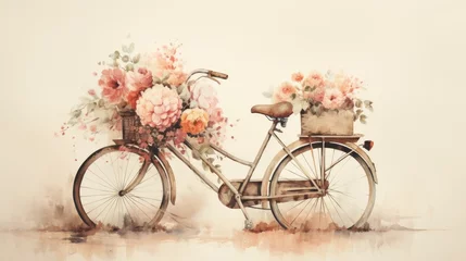 Zelfklevend Fotobehang A bicycle with flowers in the basket, watercolor, ink outlines, vintage feel. AI Generative © Horsi