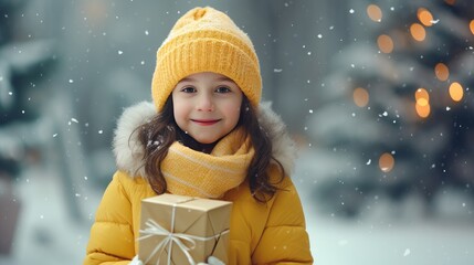 Pretty smiling girl holding Christmas gifts while standing against background of decorated...