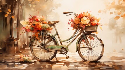 Fototapeta na wymiar A bicycle with flowers in the basket, watercolor, ink outlines, vintage feel. AI Generative