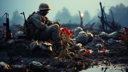 Soldier kneeling in battlefield with poppies - obrazy, fototapety, plakaty