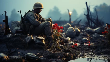 Foto op Plexiglas Soldier kneeling in battlefield with poppies © Meow Creations