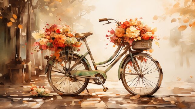 A bicycle with flowers in the basket, watercolor, ink outlines, vintage feel. AI Generative