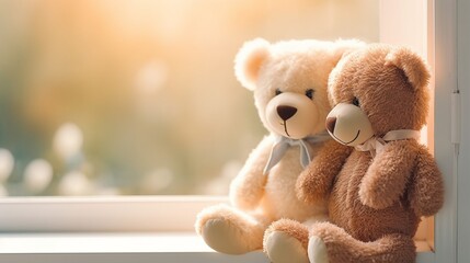 Cuddly Teddy Bear sitting in open window and in autumn season  Indoor Representation of Softness. generated by AI tool 