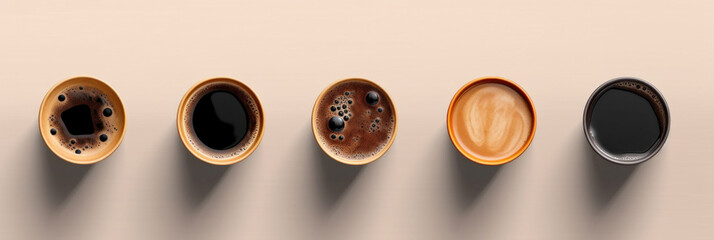 above view, set of paper take away cups of different black coffee isolated on white background.