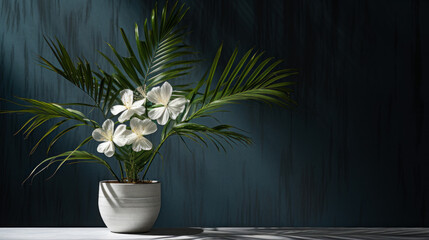 A potted tropical plant with long, slender leaves and a delicate white blossom