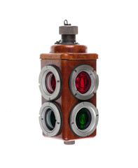 vintage hanging traffic light isolated on white background