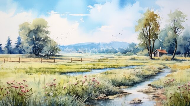 A countryside landscape, watercolor, textured paper, cool tones. AI Generative
