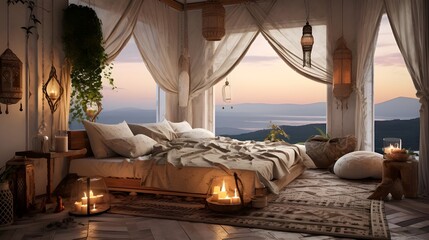 Fototapeta premium the bed is surrounded by plants and two high windows, in the style of vray tracing, rustic scenes, moody and atmospheric, african influence, brown and beige, industrial, exotic atmosphere