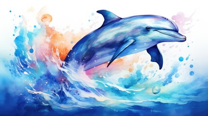 A dolphin jumping out of the water, watercolor, gradient ocean, cool tones. AI Generative © Horsi